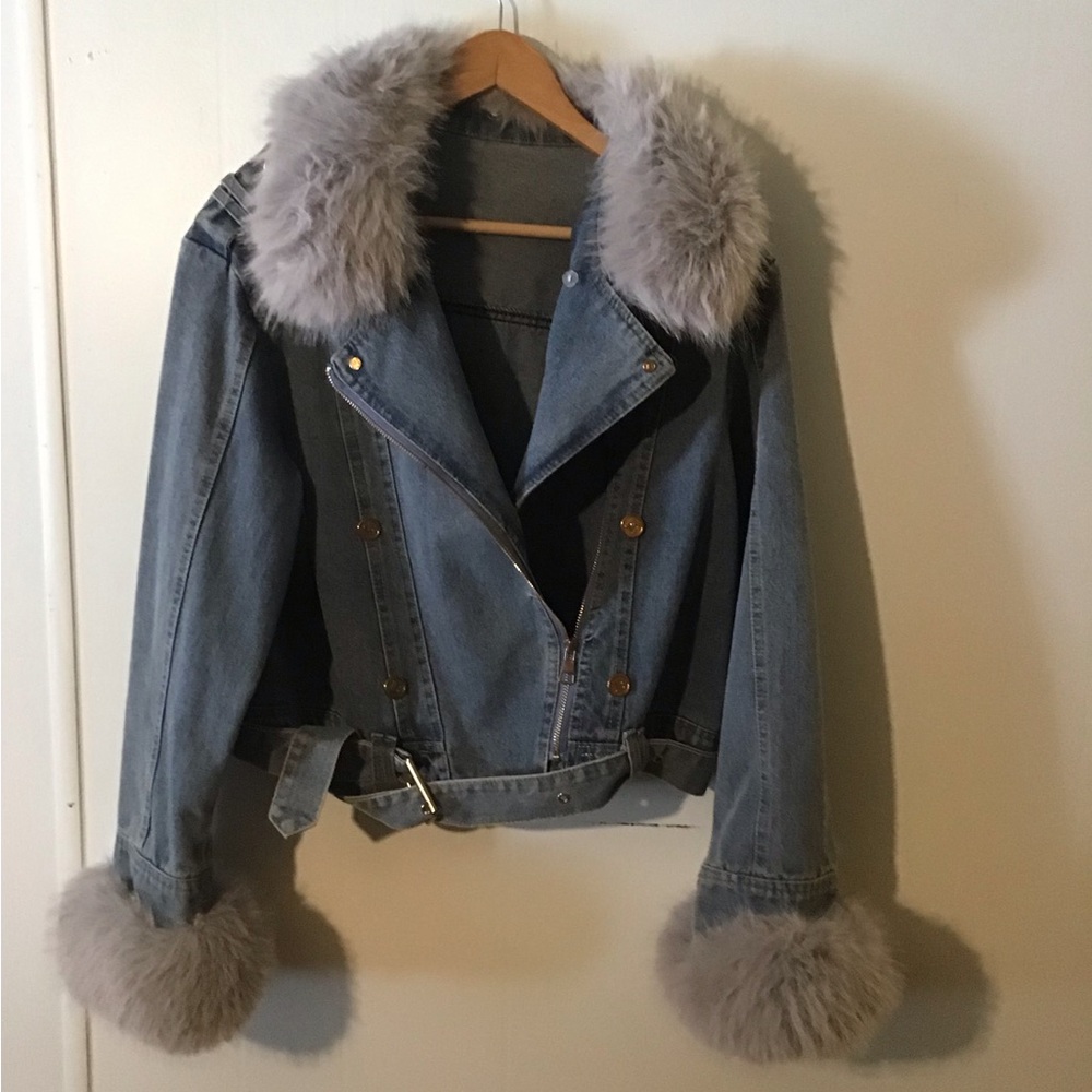 Faux-Fur Trimmed Denim Jacket - Gray Collar & Cuffs